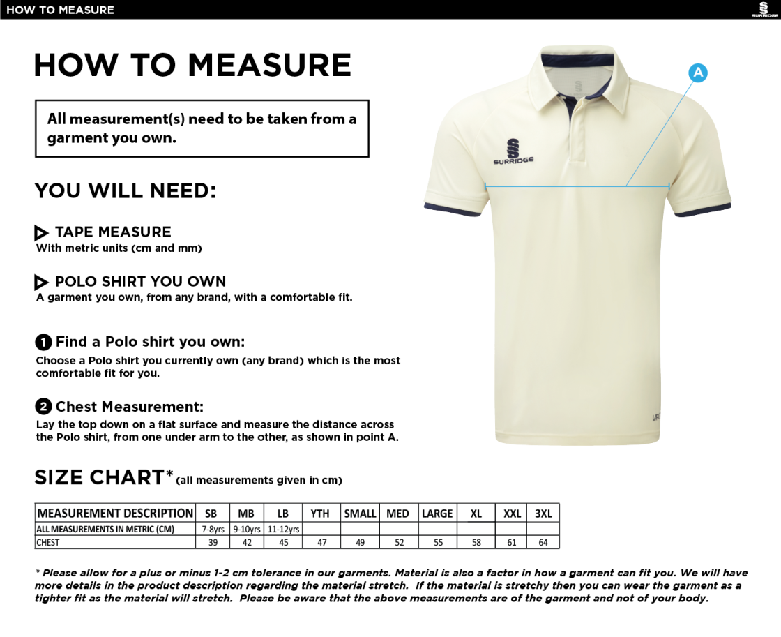 Pre-Order - Northchurch CC Short Sleeved Shirt - Size Guide